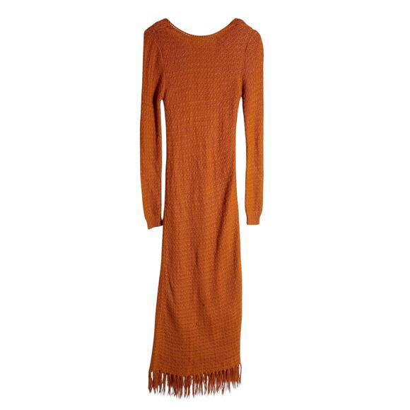 Pamela Love Orange Fringe Knit Long Sleeve Midi Boho Sweater Dress Size Medium - Picture 5 of 12